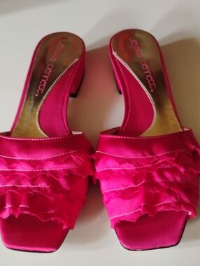 Hot Pink Satin Ruffle Slide Heels